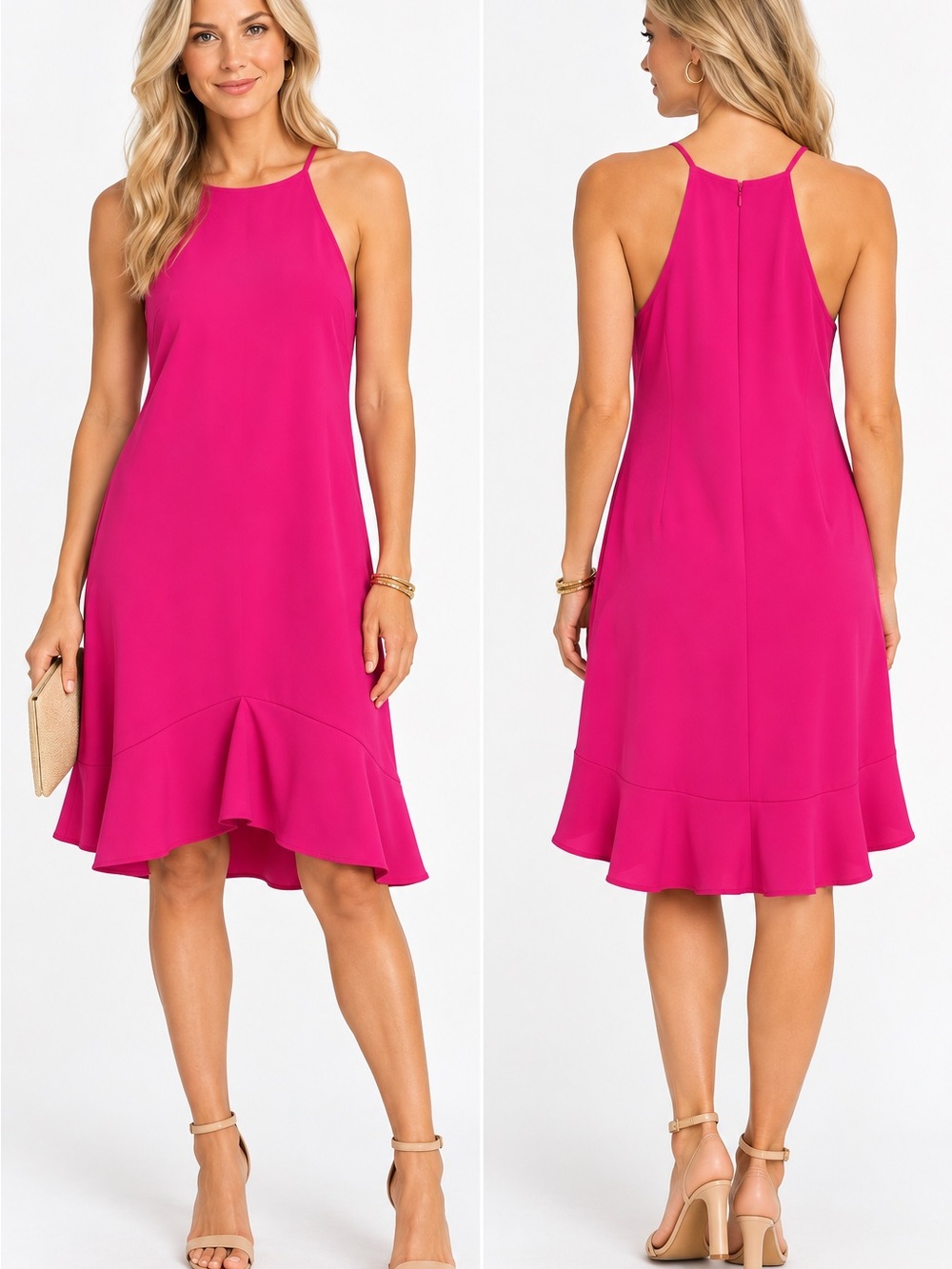 Trina Turk Fuchsia Halter Midi Dress Ruffle Hem Resort Party Barbie sz 4